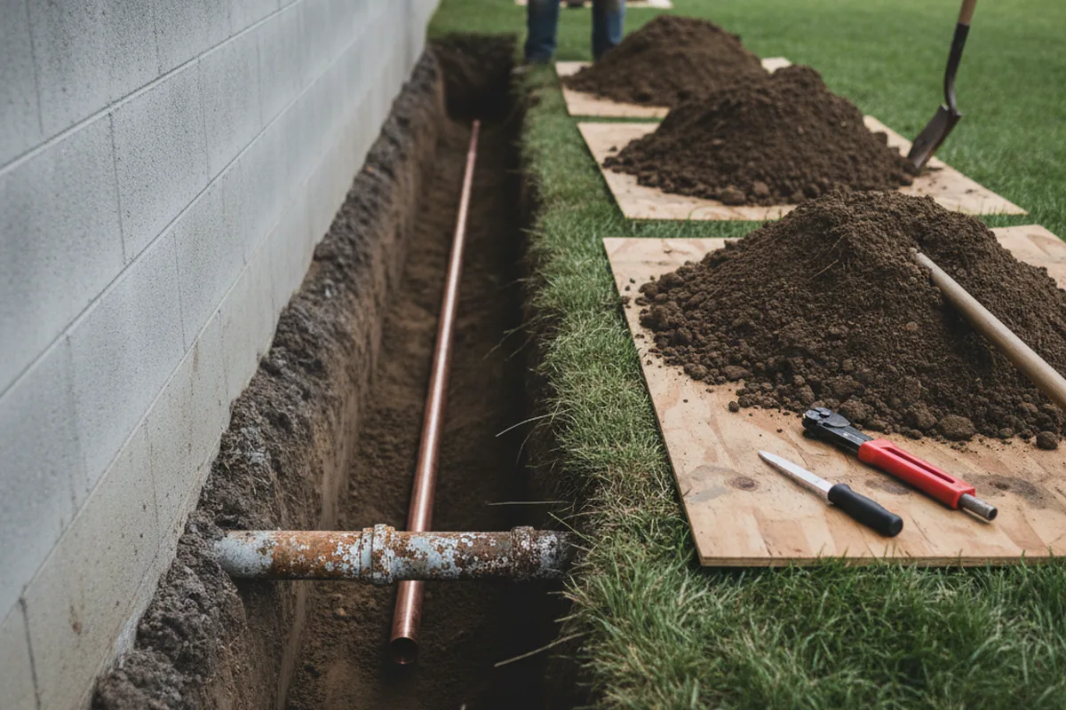 Excavated water line trench during Sewer Line Repair in Fredericksburg